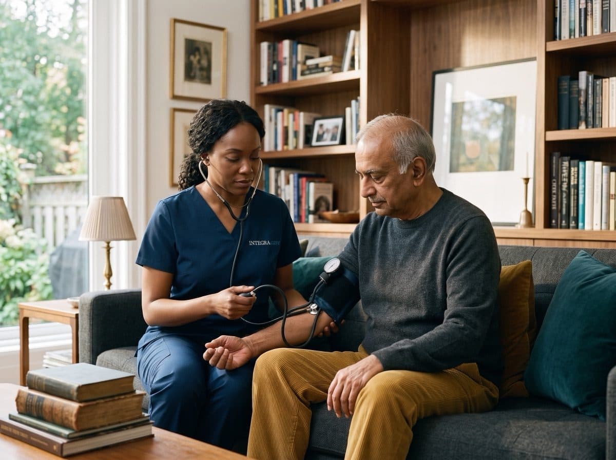 An Integracare caregiver checking an older man’s blood pressure in his living room