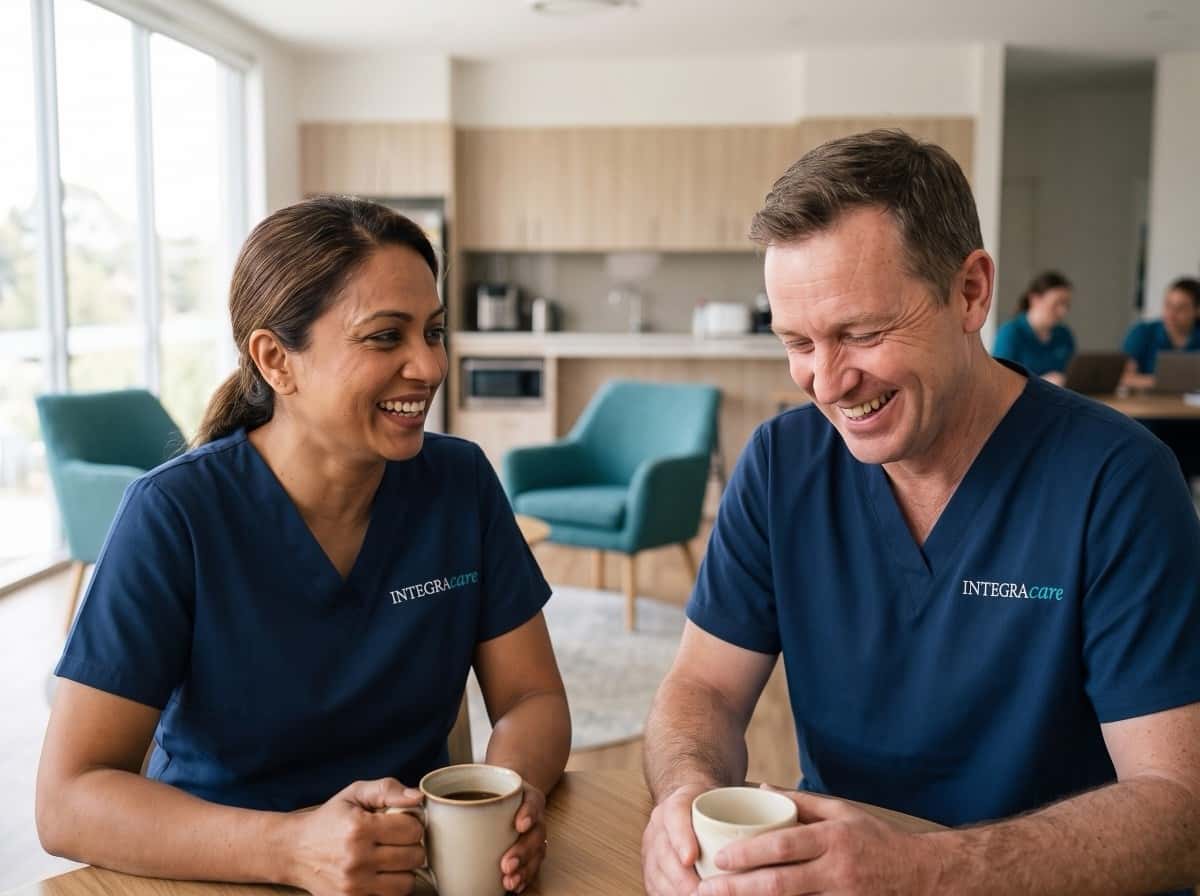 Integracare caregivers sharing a laugh in the staff room