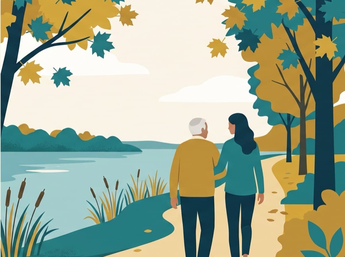 Two people walking a path beside the water on an autumn day in Ottawa