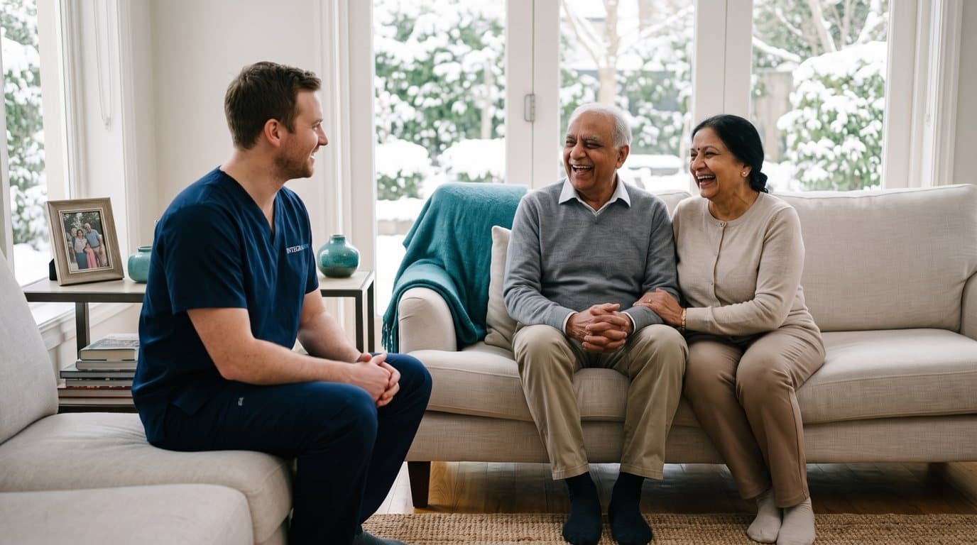 Integracare Ottawa caregiver with a senior couple in their living room