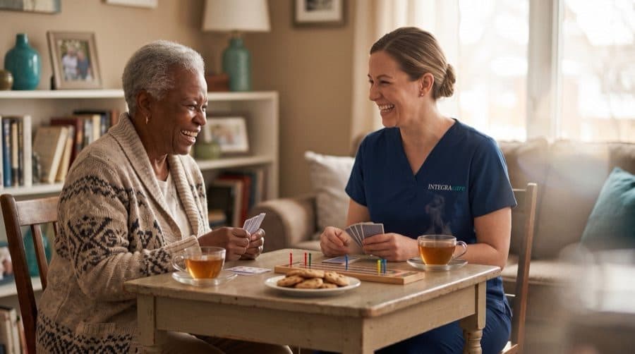 An older woman and a caregiver smiling while playing a board game at home