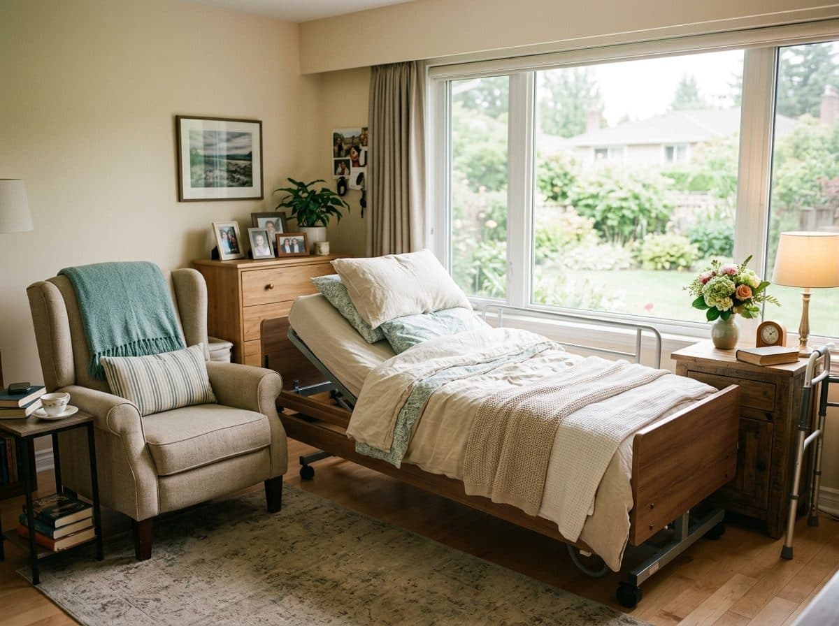 A home bedroom set up with a hospital bed and a recliner