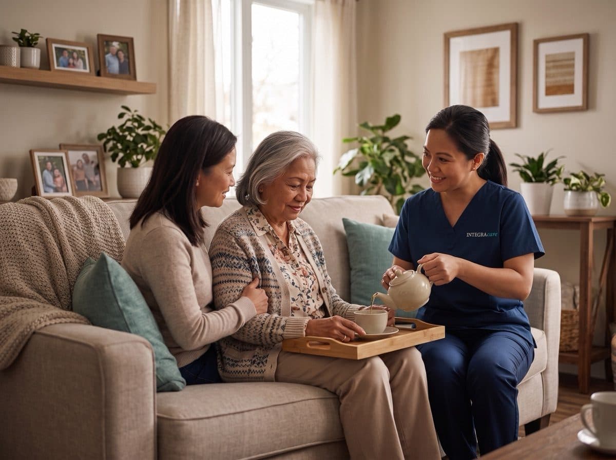 Caregiver bringing tea to a client and her family in the living room