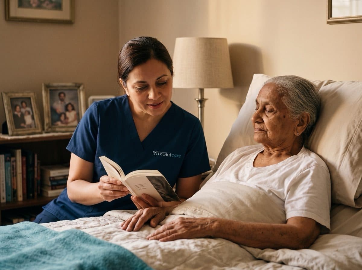Palliative caregiver reading to a client resting in bed at home