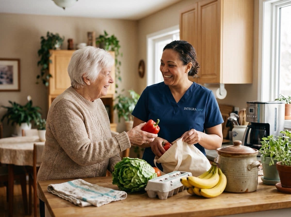 Personal support worker unpacking groceries with a senior woman