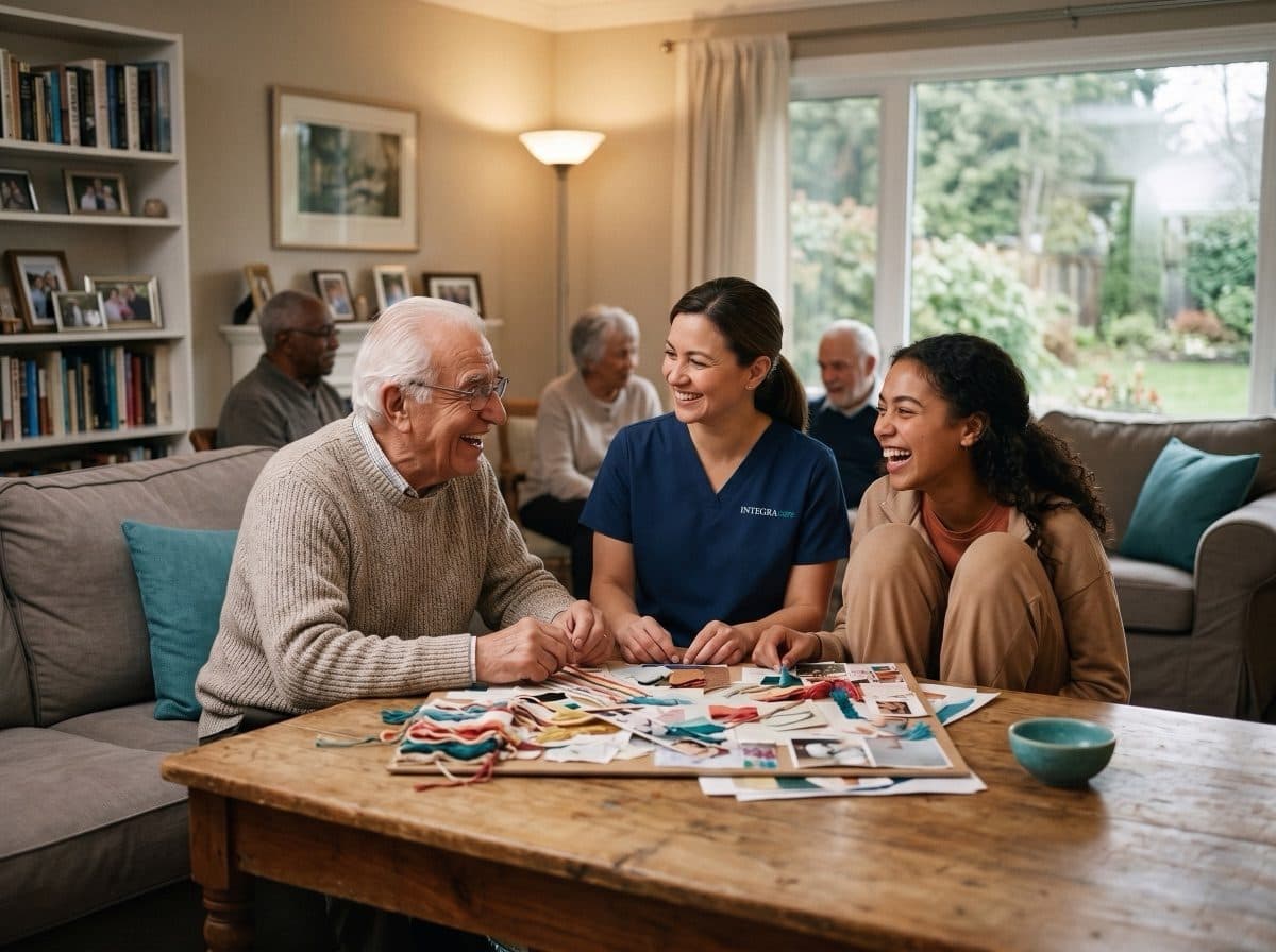 Caregiver and family enjoying an activity together at the table