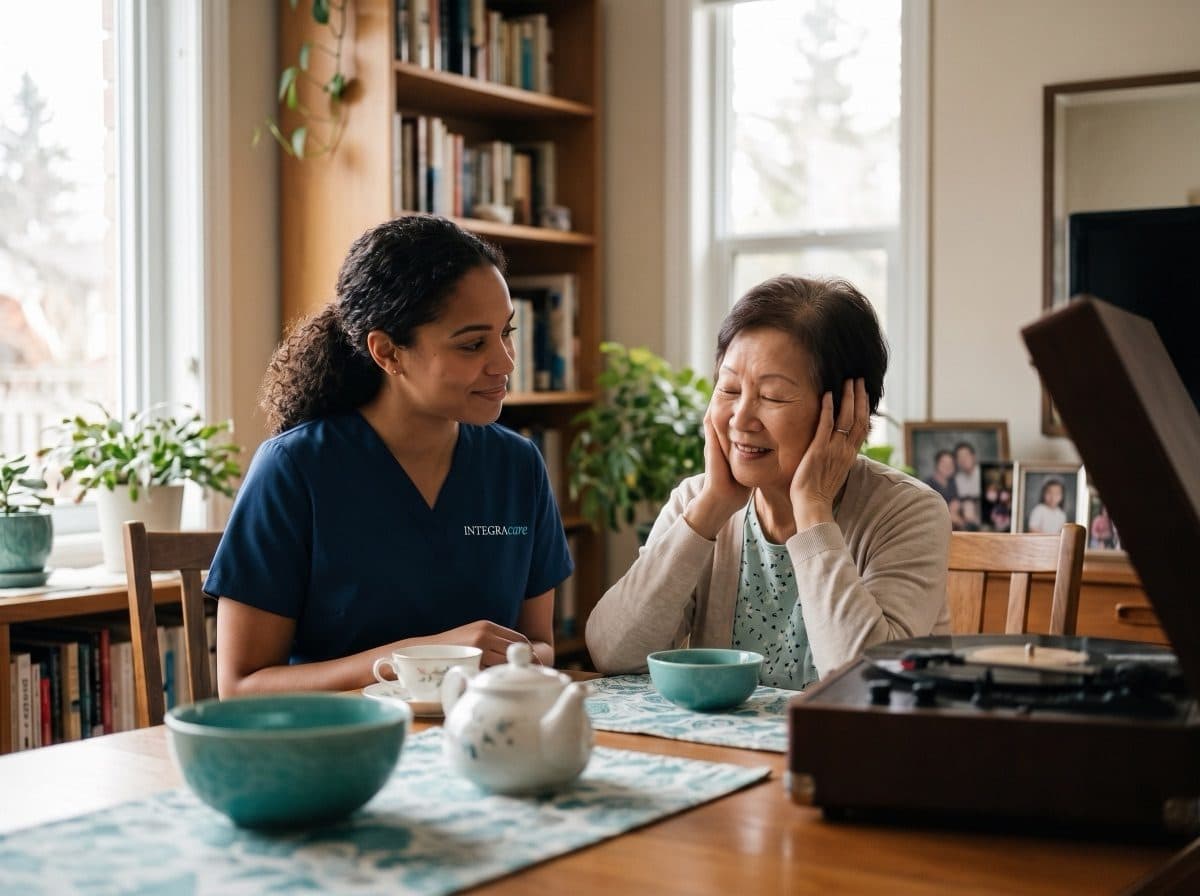 A caregiver sitting with an older woman enjoying music at home