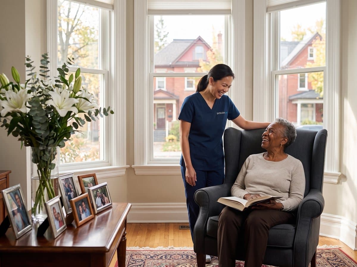 An Integracare caregiver in an Integracare scrub top talking with an older woman in the front room of her Ottawa home, a tree-lined street beyond the window.