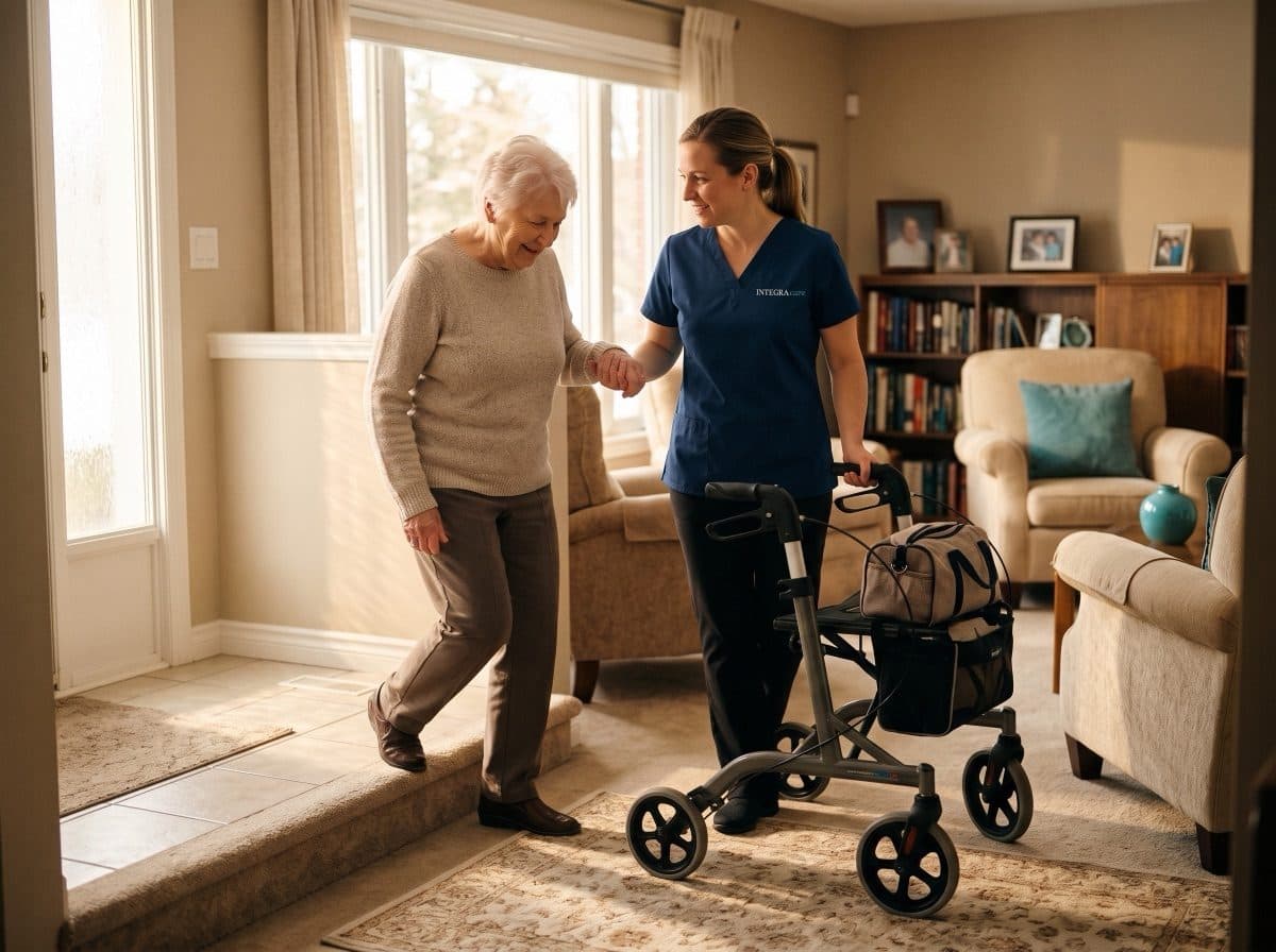 Caregiver supporting a senior woman with a walker after a hospital stay