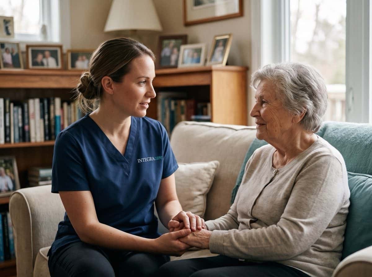 Compassionate palliative caregiver supporting a senior at home