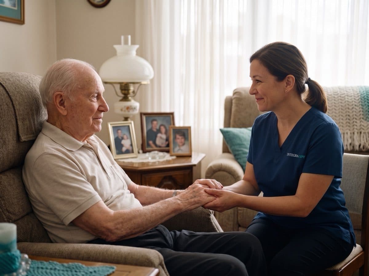 Compassionate palliative caregiver supporting a senior at home