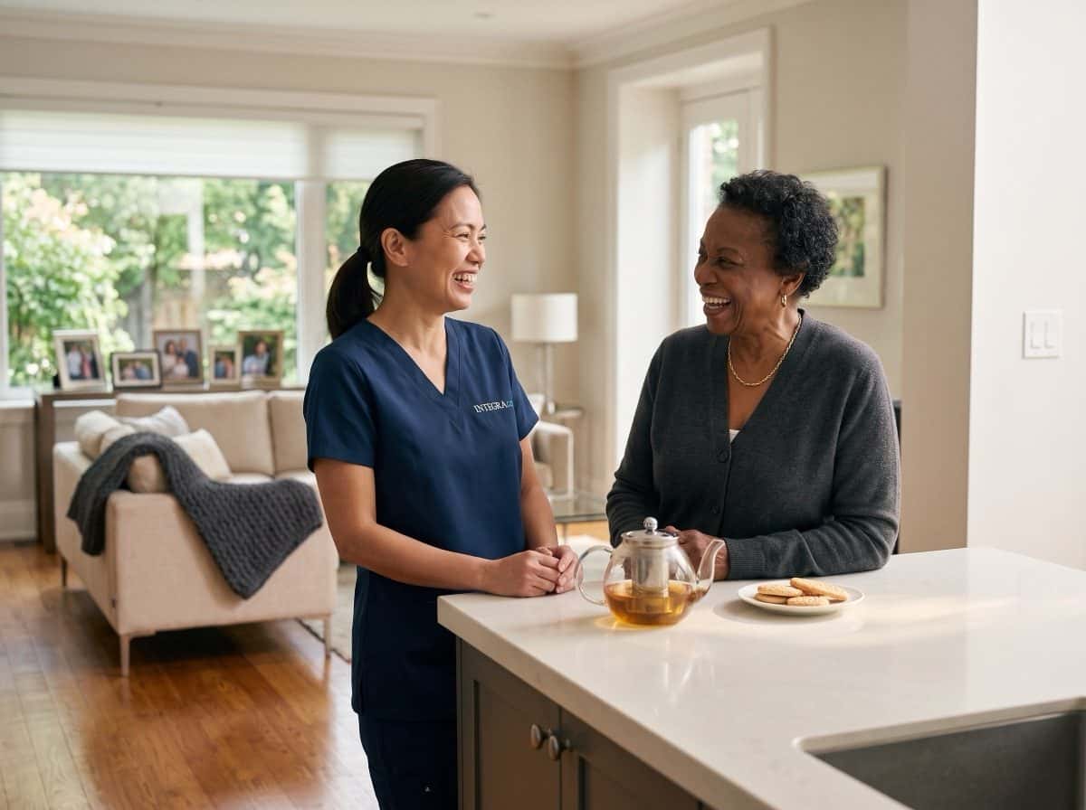 An Integracare caregiver in an Integracare scrub top laughing with an older woman over a pot of tea at her kitchen island.