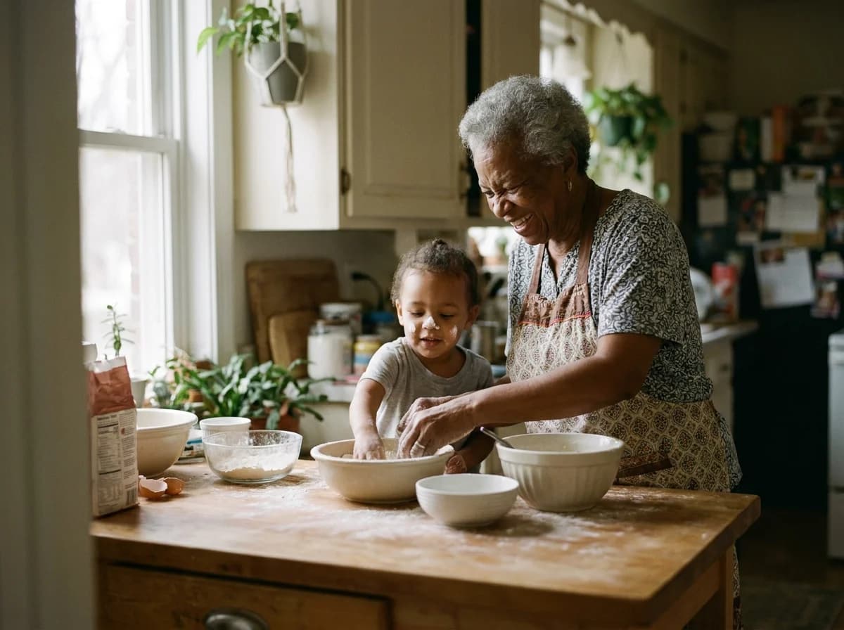 An elderly woman baking with her granddaughter in a warm kitchen