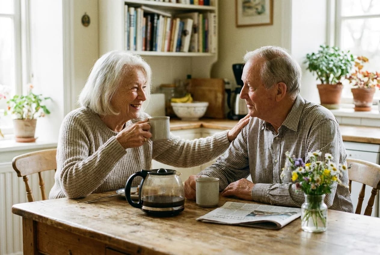 An older couple sharing coffee and conversation at their kitchen table