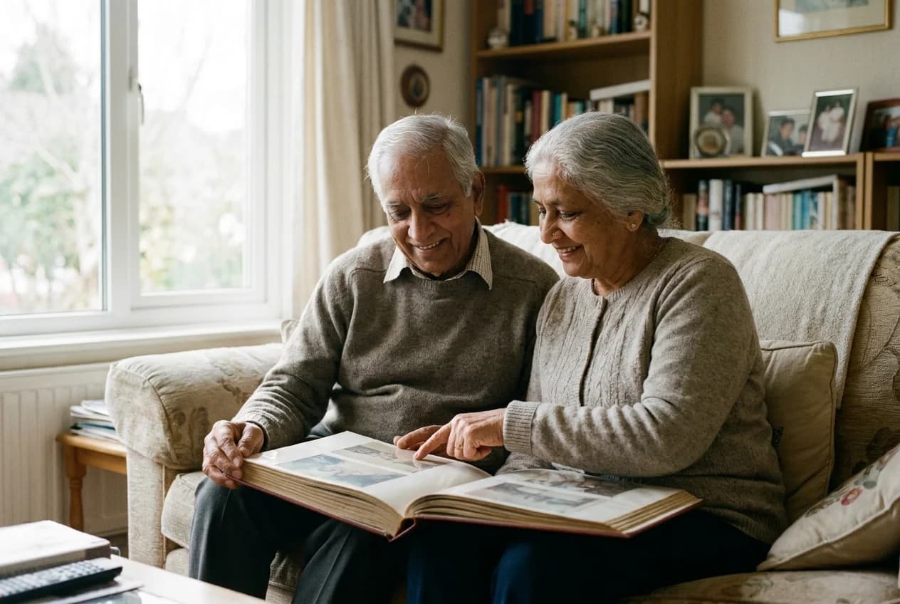 An older couple looking through a photo album together