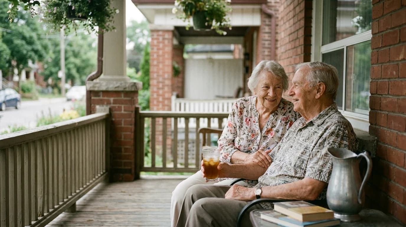 An older couple enjoying a conversation on their front porch