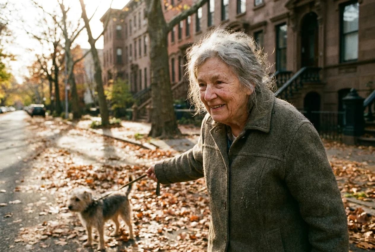 An older woman enjoying a walk with her dog