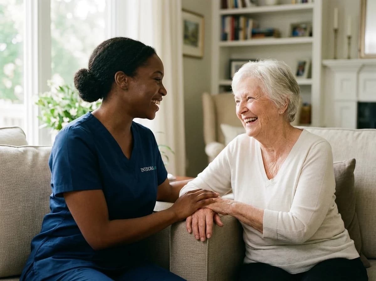 An Integracare caregiver and a client sharing a quiet moment in a sunlit living room