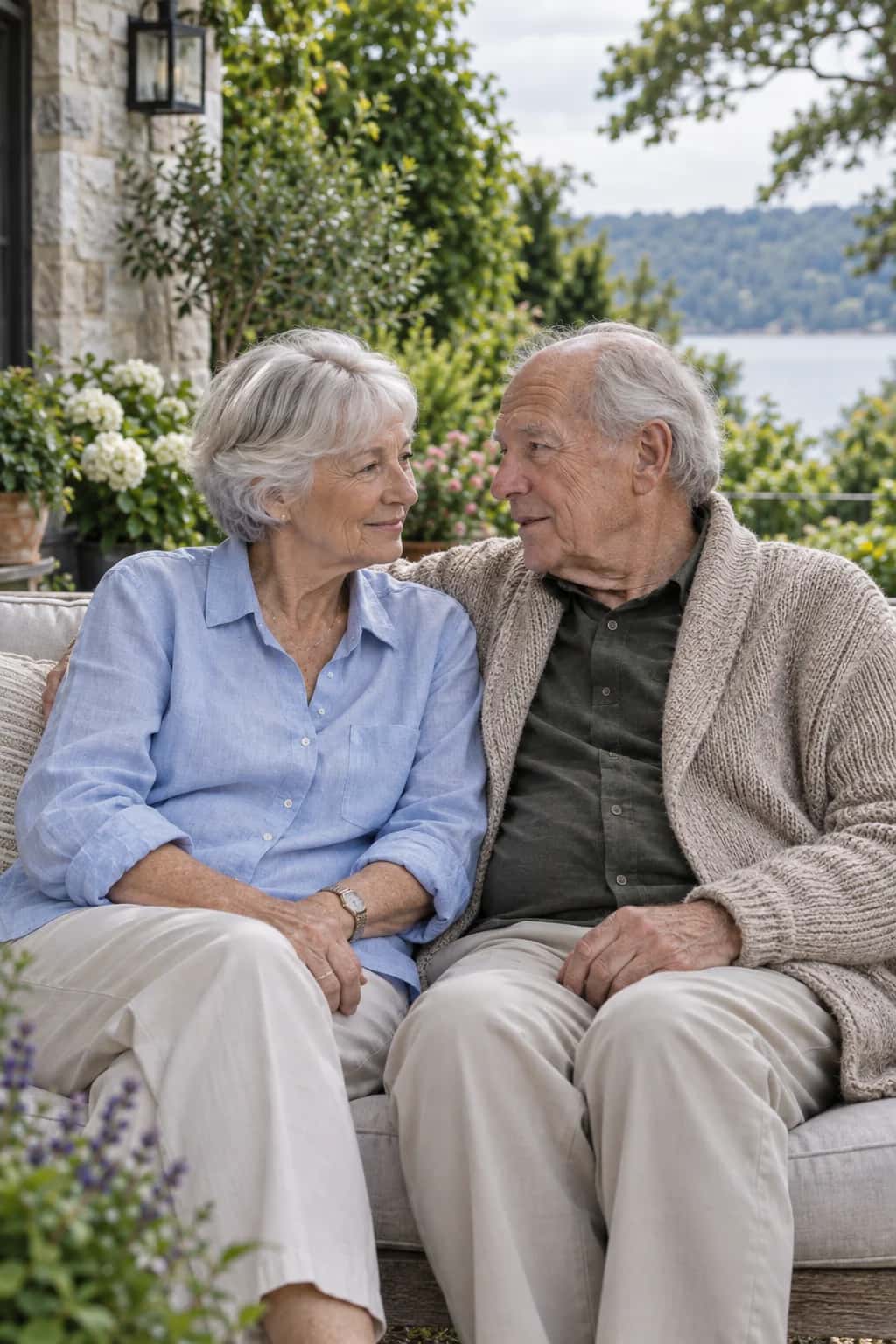 An older couple enjoying a relaxed conversation on their garden terrace