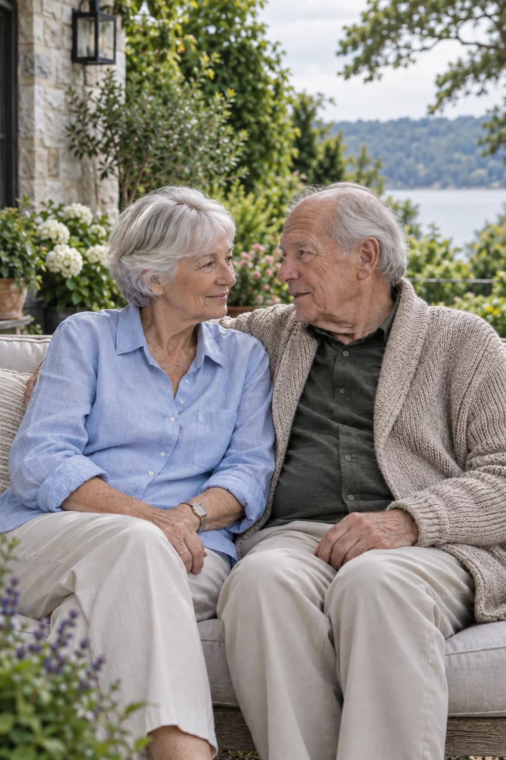 An older couple enjoying a relaxed conversation on their garden terrace