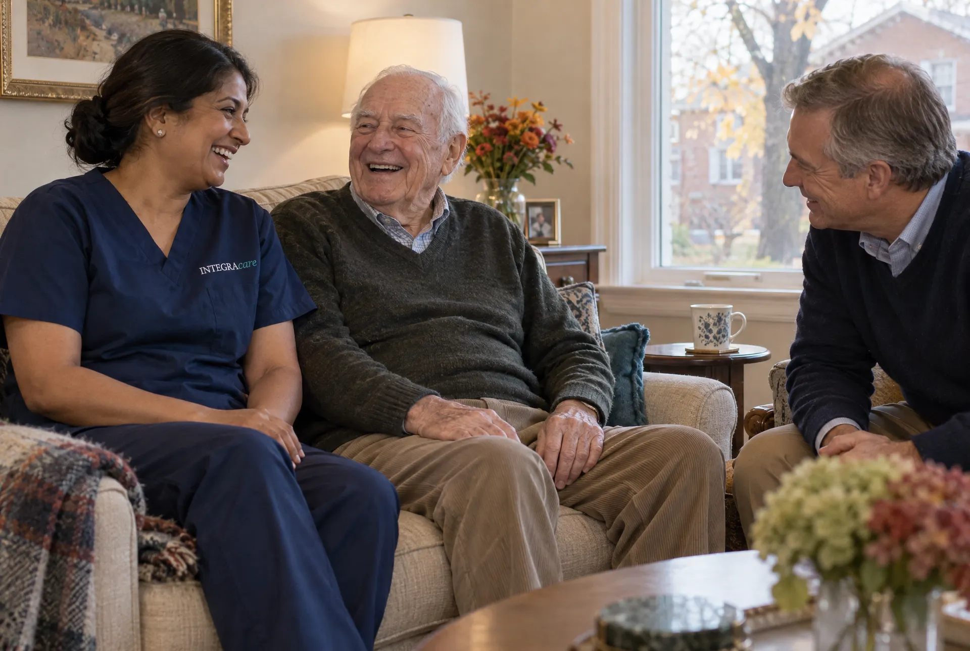 A caregiver in navy scrubs and an older man laugh together on a living room sofa while his adult son leans in from an armchair, with an autumn maple and a brick house through the window.