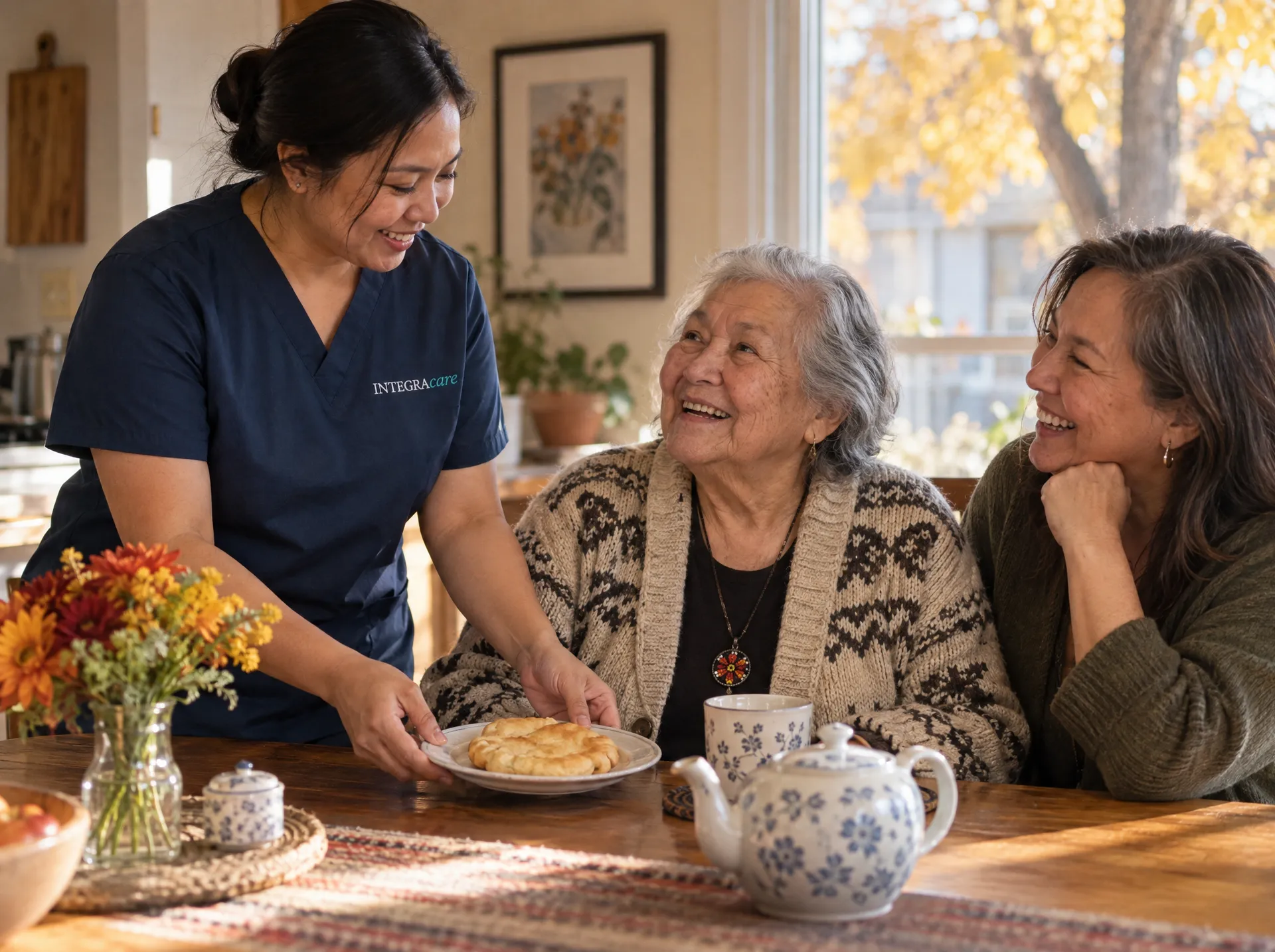 A caregiver in navy scrubs sets a plate of baking on the kitchen table in front of an older woman and her adult daughter, who laugh together, with yellow autumn leaves outside the window.