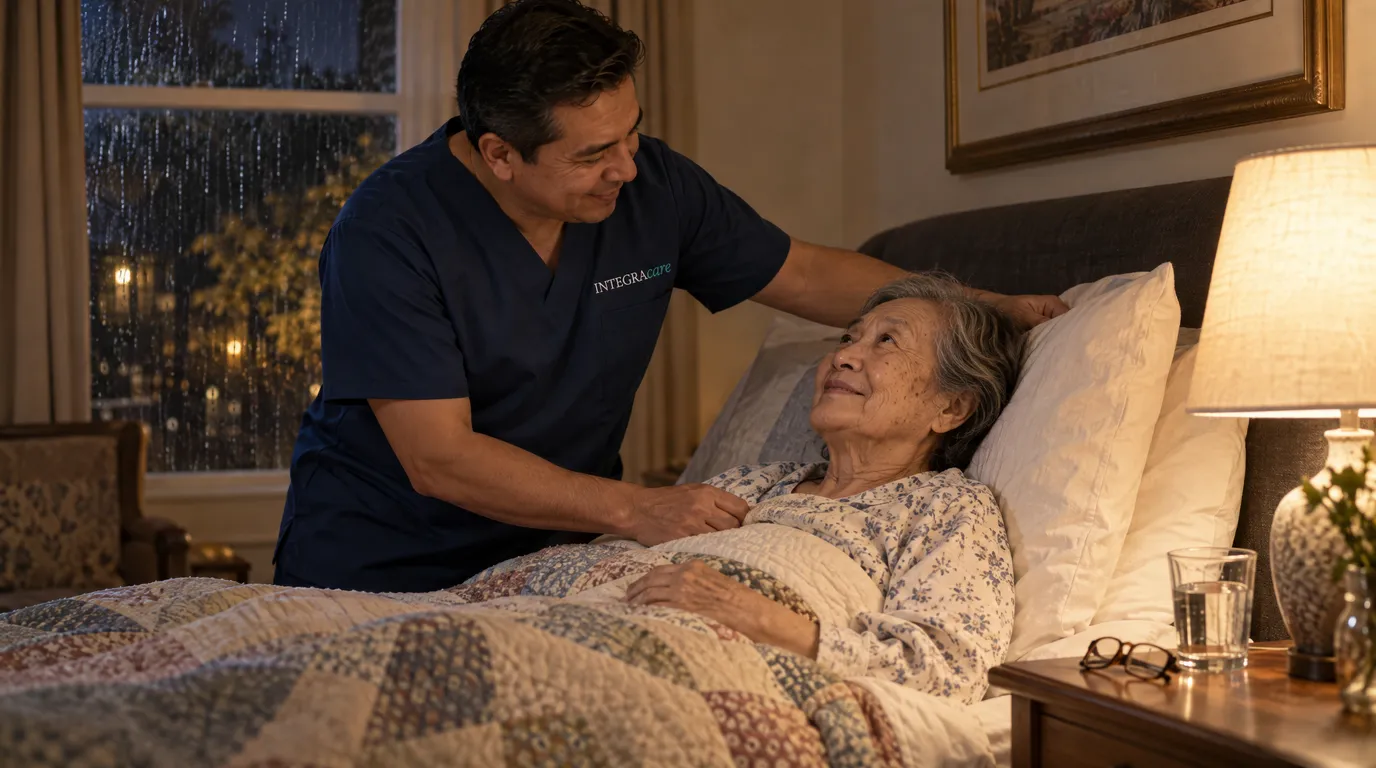 A caregiver in navy scrubs settles the pillow and tucks in the quilt for an older woman resting in bed. She smiles up from her pillow in a lamplit bedroom on a rainy night, with a glass of water and reading glasses on the nightstand.