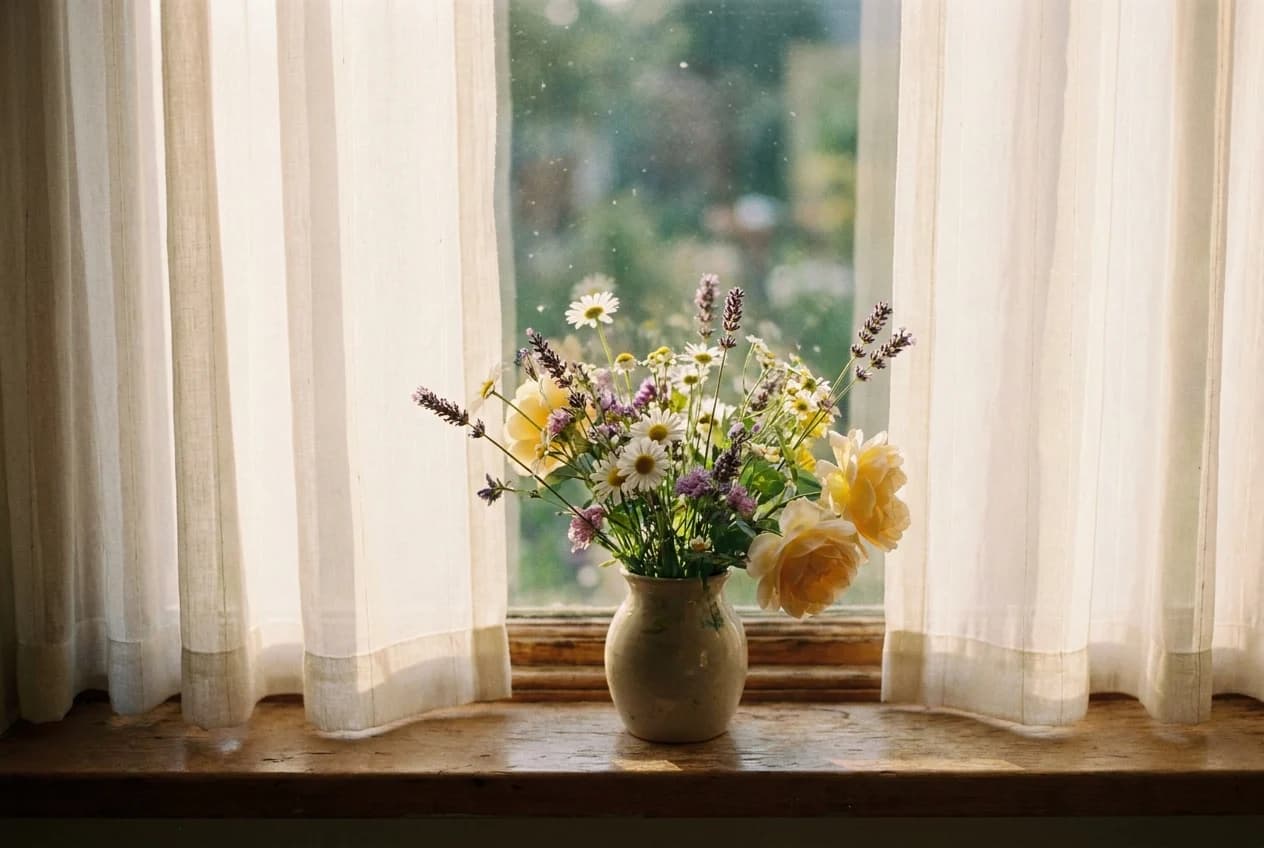 A small vase of daisies, lavender and pale yellow roses on a sunny windowsill between sheer curtains.