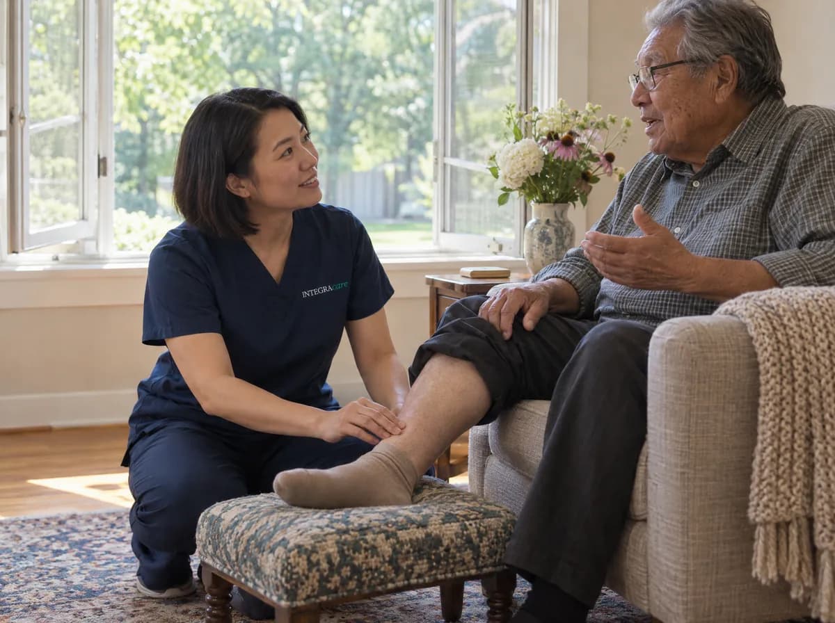A nurse in navy scrubs kneels on the rug and presses just above an older man's ankle to check for swelling, his foot resting on a footstool beside open summer windows.