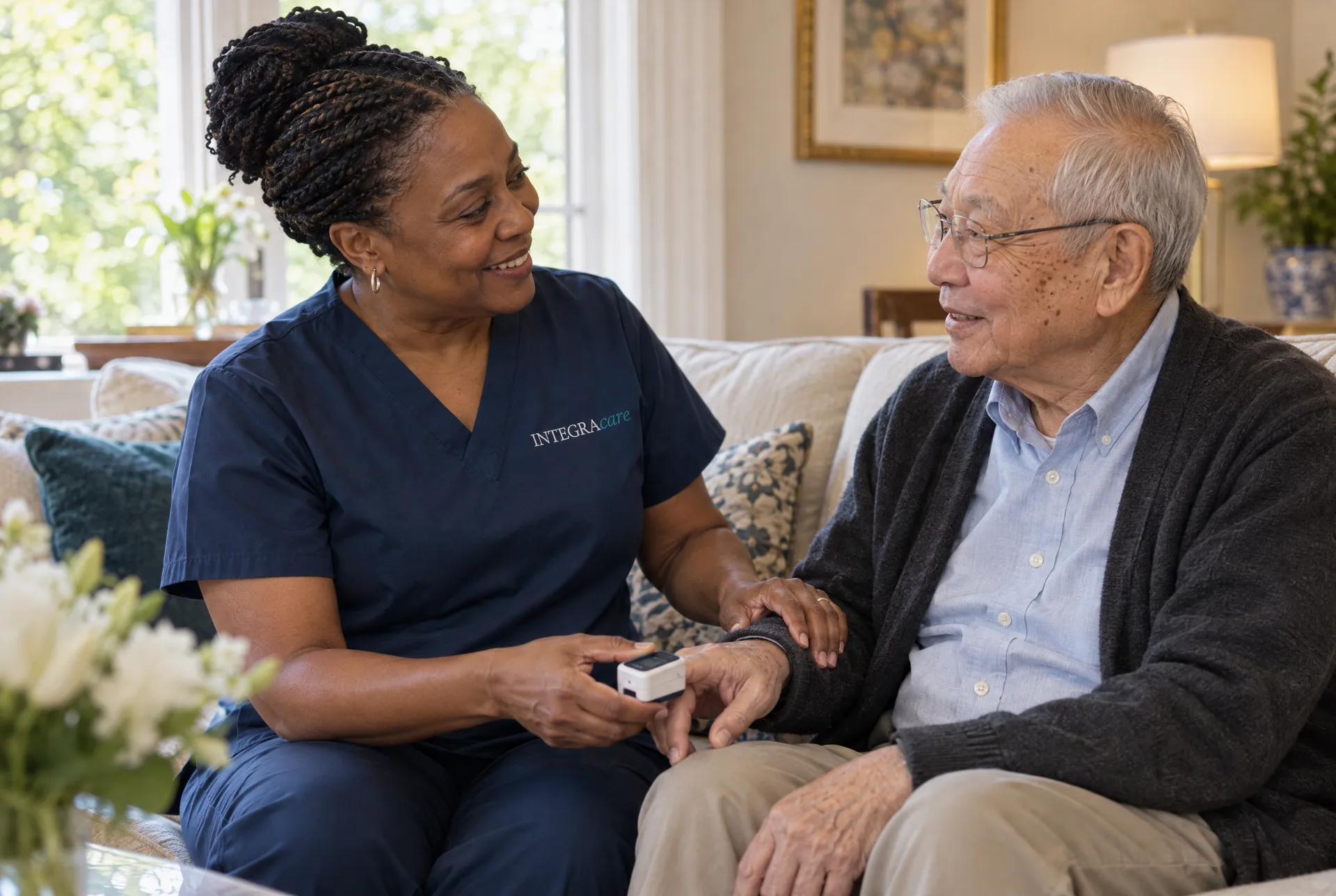 A nurse in navy scrubs clips a pulse oximeter onto an older man's fingertip as they sit together on a sofa, her other hand resting on his arm.
