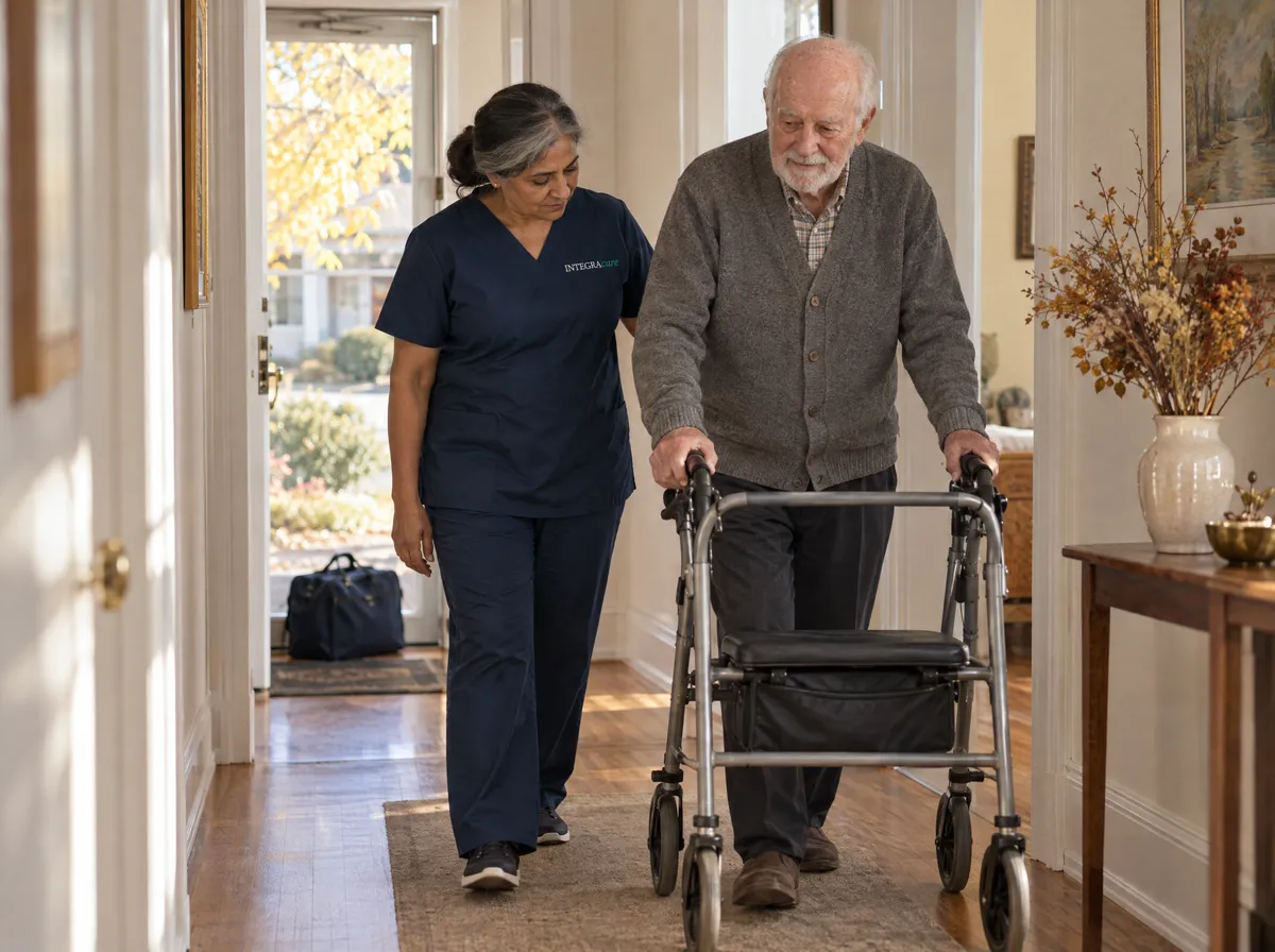 A nurse in navy scrubs watches an older man's steps as he pushes a four-wheeled walker down his hallway, an overnight bag by the front door behind them.