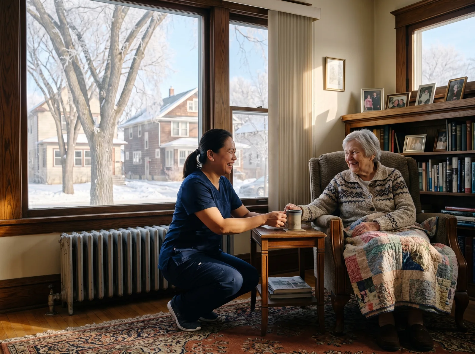 An Integracare caregiver kneels beside an older woman in her armchair, handing her a mug of tea in the front room of a Winnipeg home, frost-covered elms and wood-sided houses across the snowy street.
