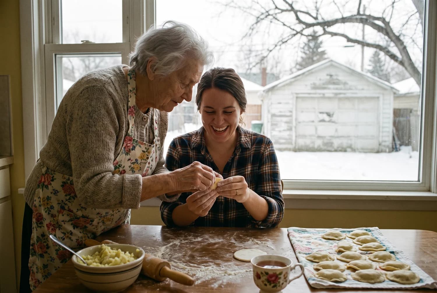 An older woman and her granddaughter pinching perogies at a floured kitchen table, a snowy back lane and garage through the window
