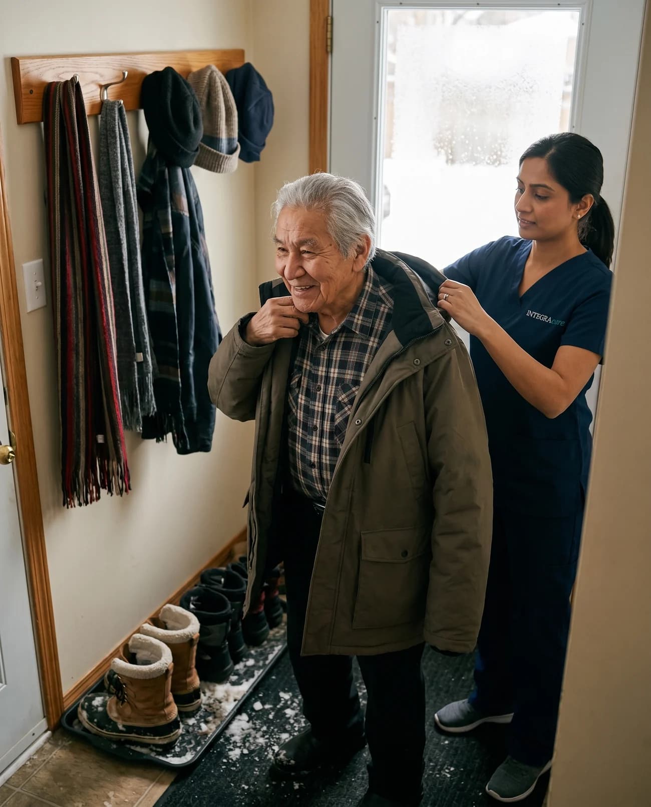 An Integracare caregiver helps an older man into his winter parka at the front door before a walk, boots on the tray and snow outside