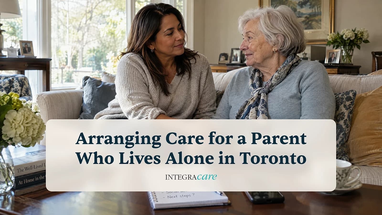An adult daughter has a gentle, caring conversation with her elderly mother in a sunlit, upscale living room, under the title Arranging Care for a Parent Who Lives Alone in Toronto