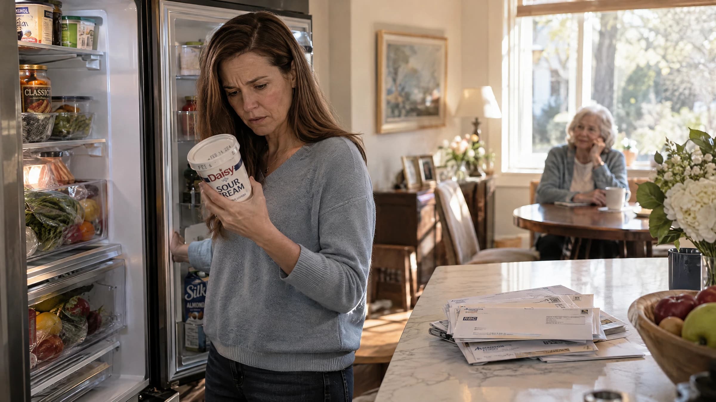Adult daughter discovers expired food in her elderly mother's refrigerator in an upscale kitchen, a quiet sign aging parents may need help
