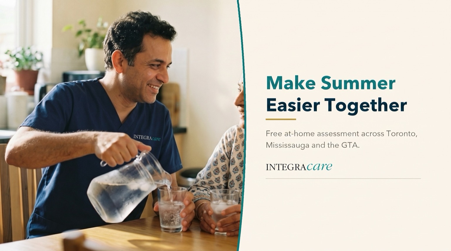 Smiling man pouring a glass of ice water for an older woman at a sunlit kitchen table