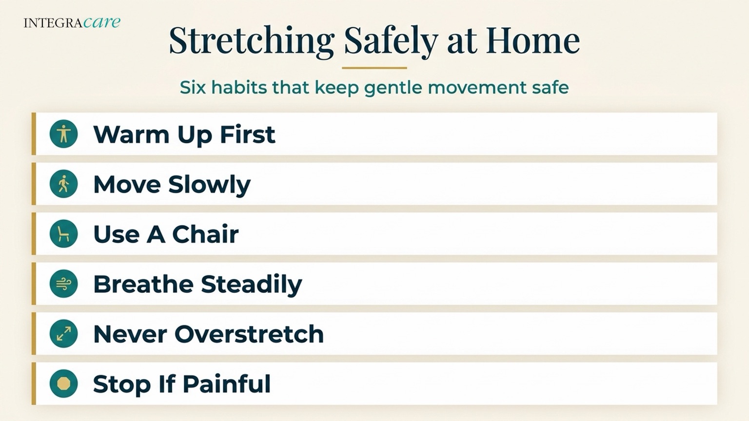 Infographic titled Stretching Safely at Home, listing six habits that keep gentle movement safe: warm up first, move slowly, use a chair, breathe steadily, never overstretch, and stop if painful