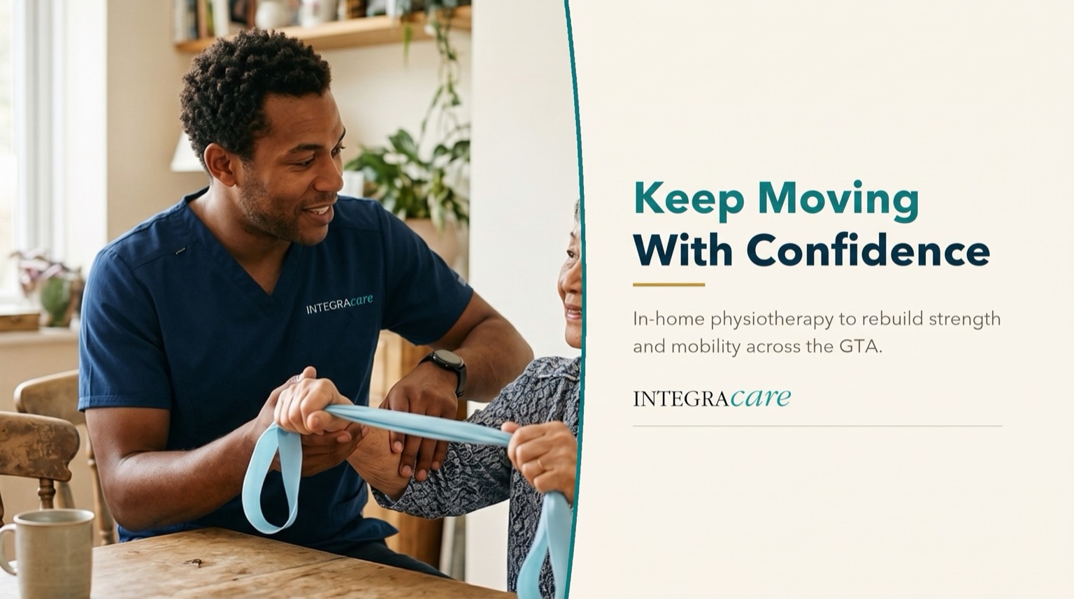 A physiotherapist in navy scrubs helps a senior woman exercise with a light resistance band at her dining table, beside the message Keep Moving With Confidence