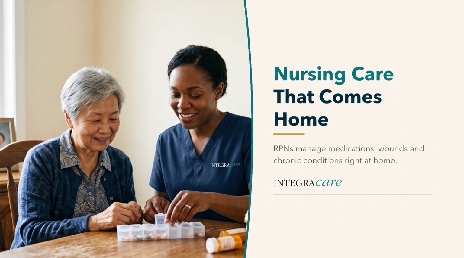 A nurse helps a senior woman organize her weekly medications at home