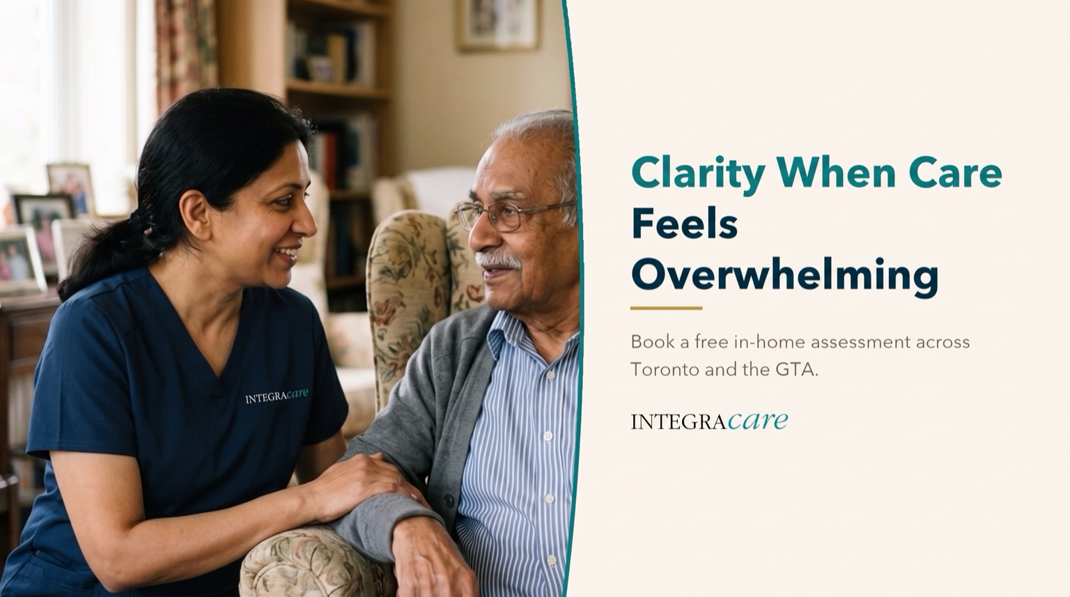 Caregiver in navy scrubs shares a smile with a senior man seated in an armchair, beside an invitation to book a free in-home assessment across Toronto and the GTA