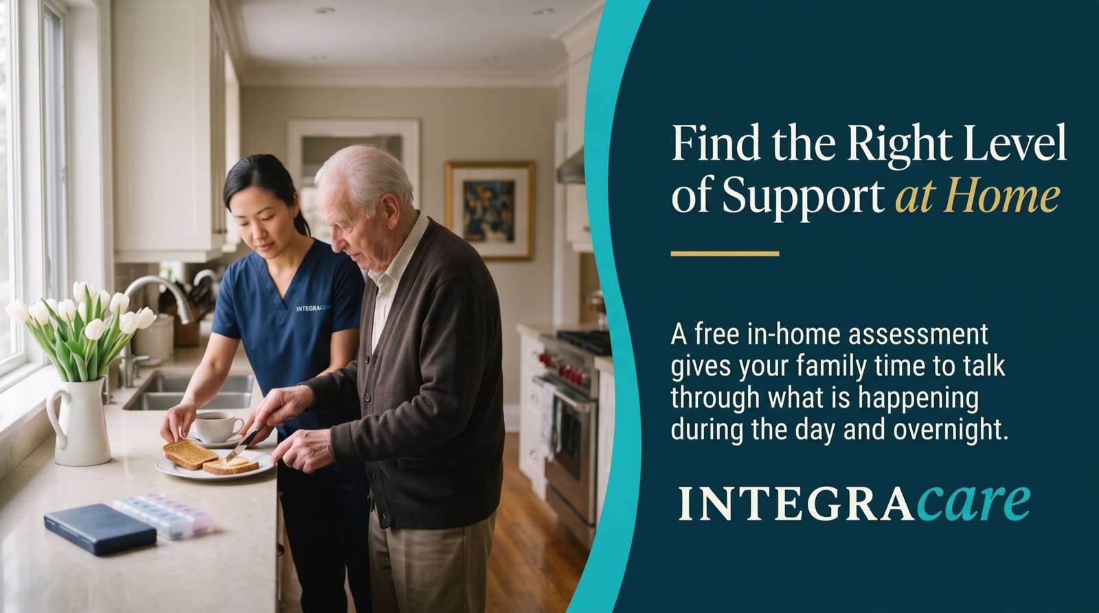 An Integracare caregiver in a navy Integracare scrub top helps an older man butter toast at his kitchen counter in a bright Toronto home, beside the message Find the Right Level of Support at Home.