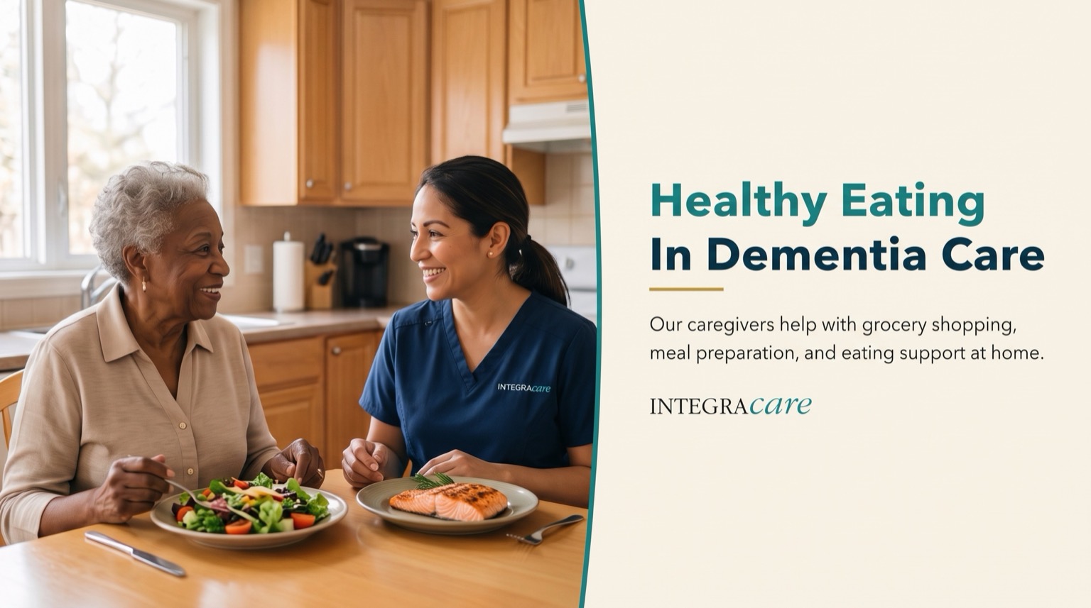 A senior woman and a caregiver in scrubs sharing a healthy meal of salad and grilled salmon at a kitchen table