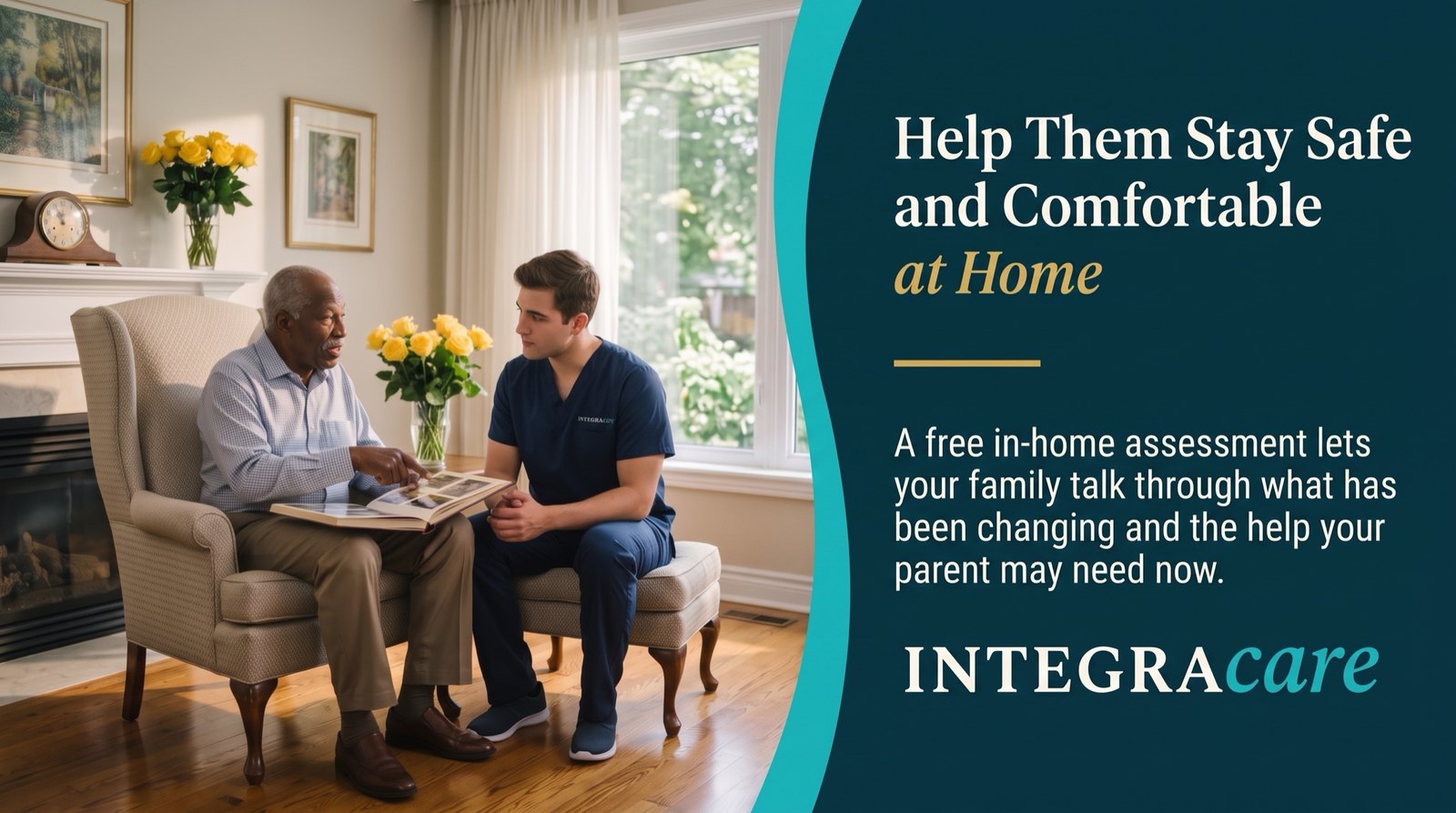 An Integracare caregiver in a navy Integracare scrub top sits with an older man looking through a photo album in his Toronto living room, beside the message Help Them Stay Safe and Comfortable at Home.