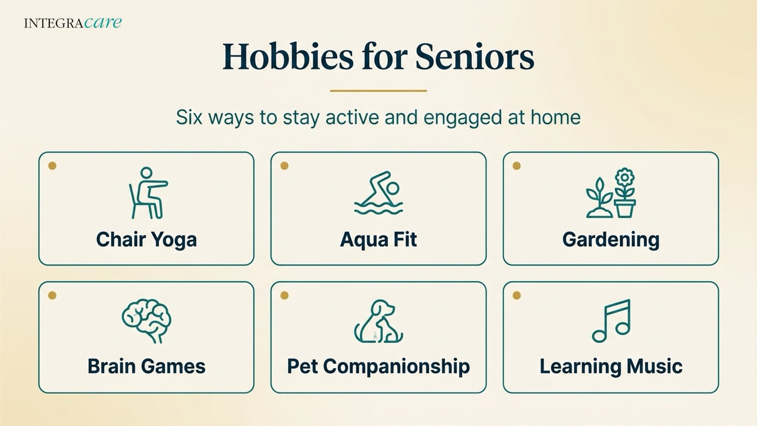 Six ways for seniors to stay active and engaged at home: chair yoga, aqua fit, gardening, brain games, pet companionship, and learning music