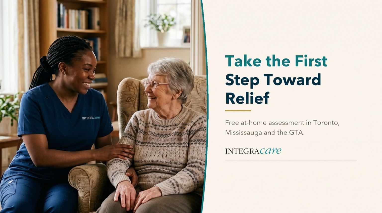 Caregiver sitting beside a smiling senior woman in her armchair, next to an offer of a free at-home assessment in Toronto, Mississauga and the GTA