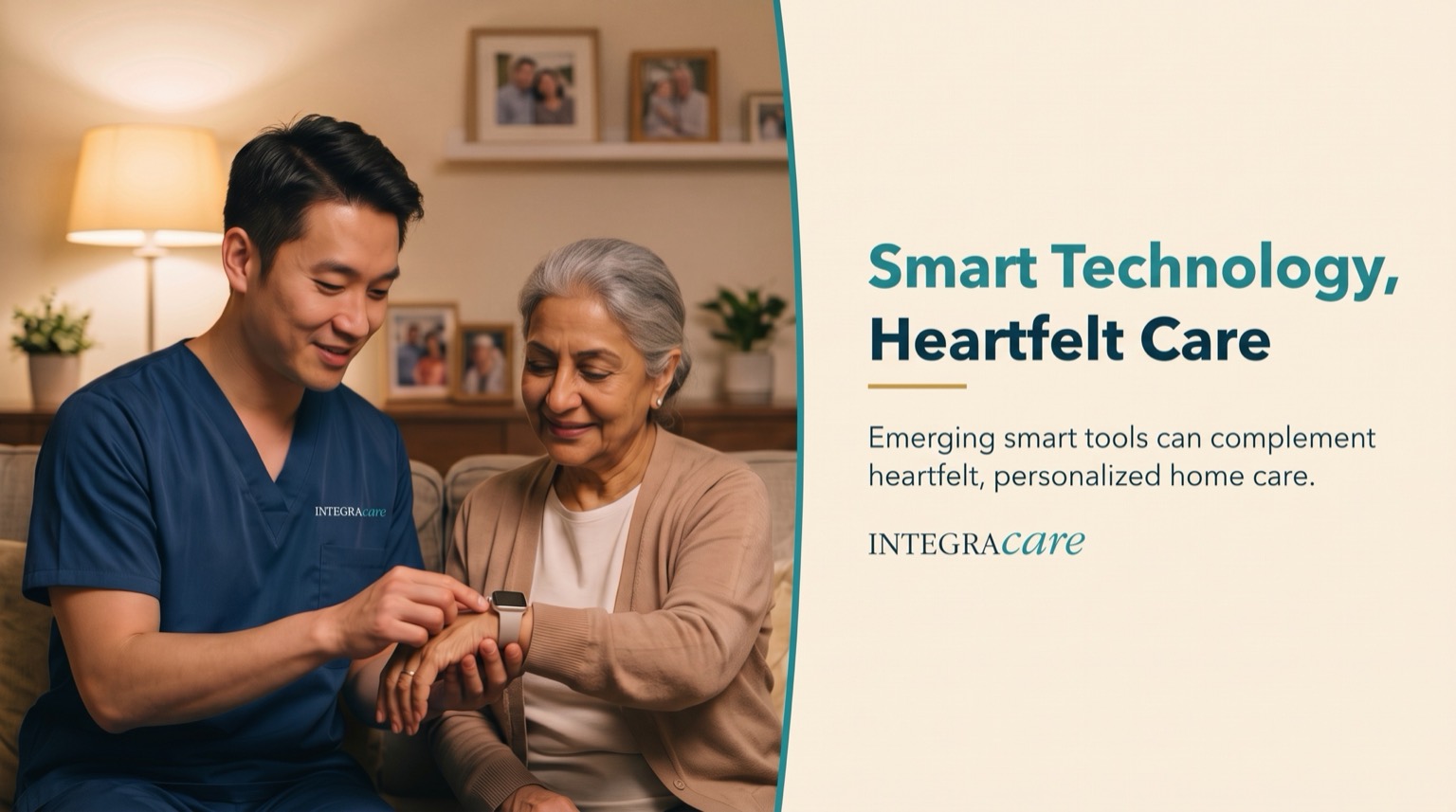 A caregiver in navy scrubs helps a senior woman check her smartwatch, beside the heading Smart Technology, Heartfelt Care and a note that emerging smart tools can complement personalized home care
