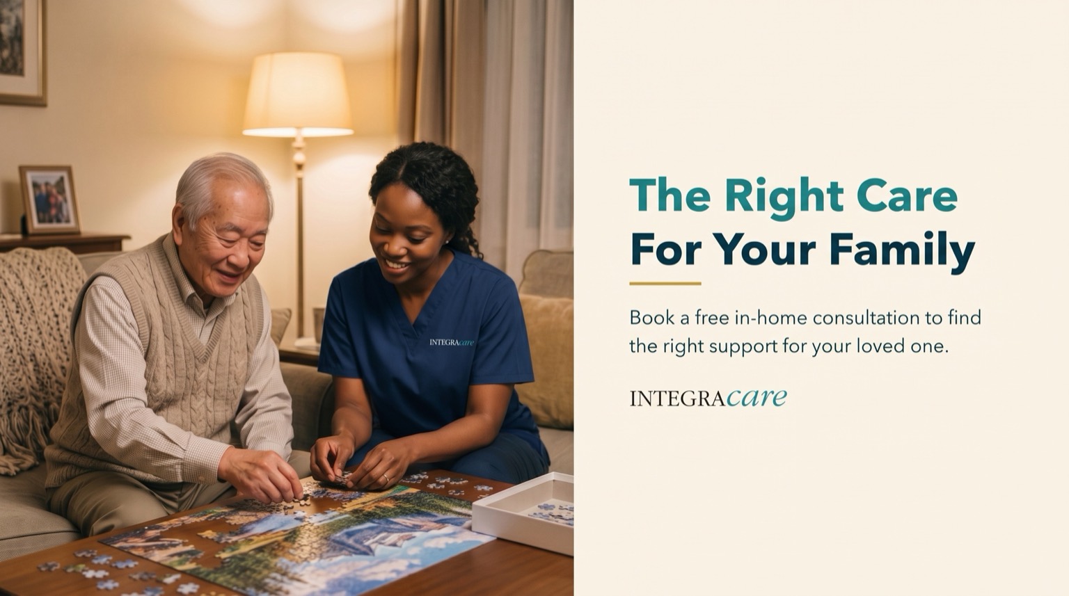 A senior man and a caregiver in navy scrubs working on a jigsaw puzzle together at a coffee table in a warmly lit living room