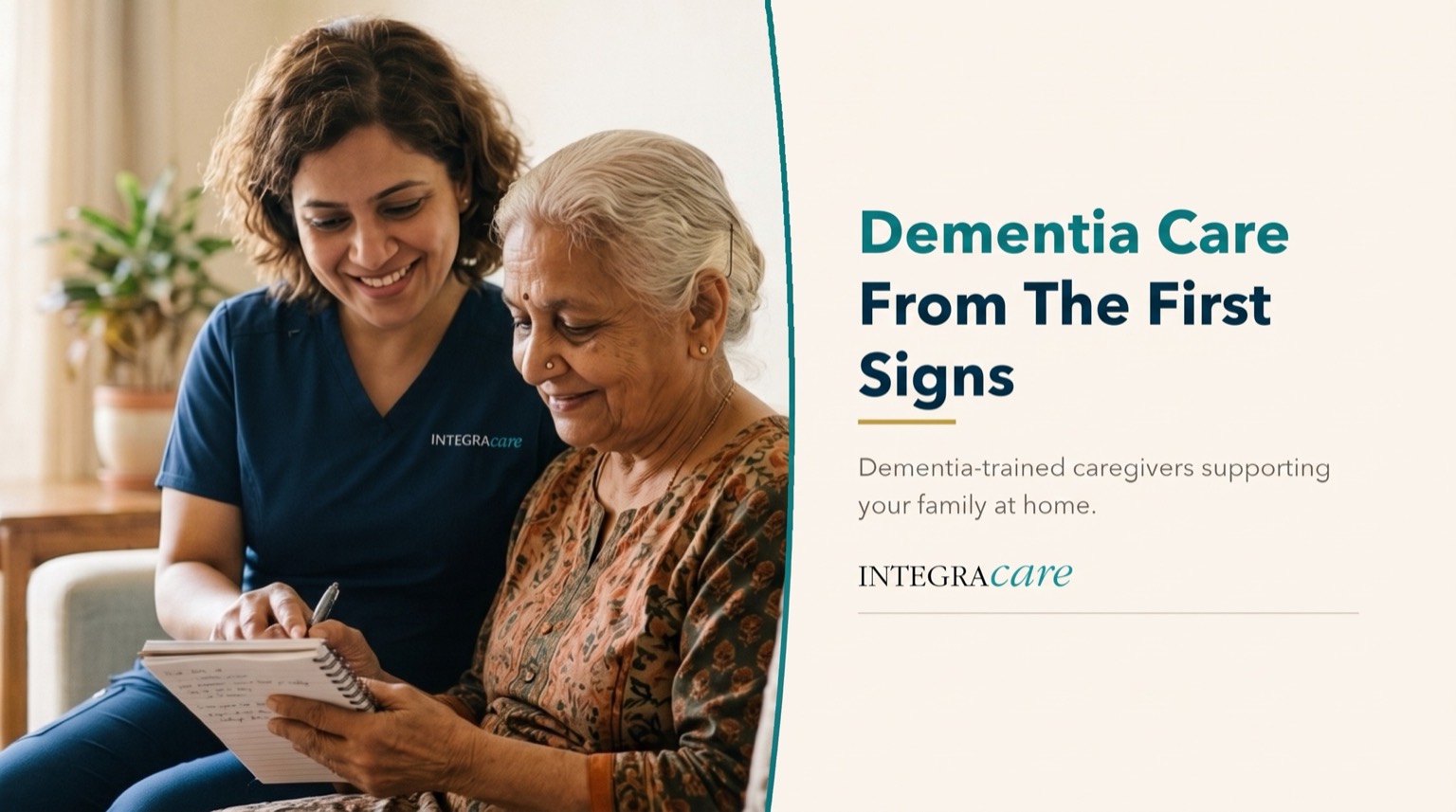 A caregiver writes notes in a notebook beside a smiling senior woman at home