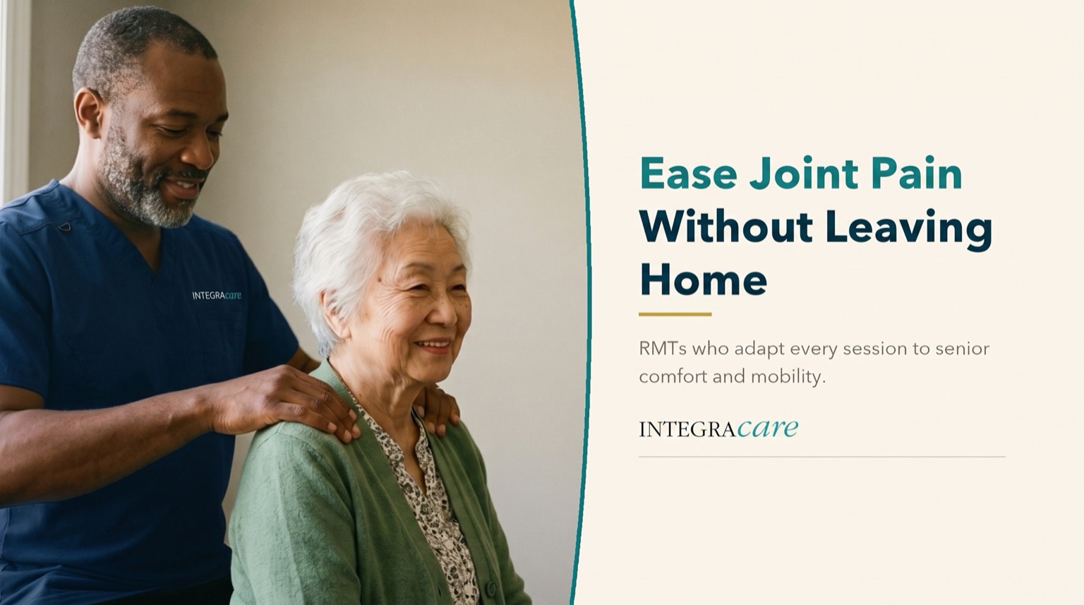 A massage therapist gently works on a senior woman's shoulders at home